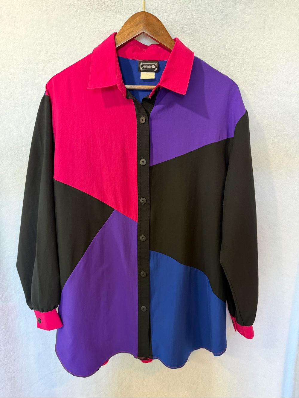 Vintage BonWorth Colorblock Button-up Shirt Pink/Purple/Blue/Black Large Blouse